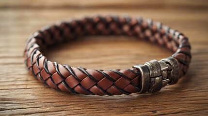 Stylish Leather Bracelet on Wooden Surface
