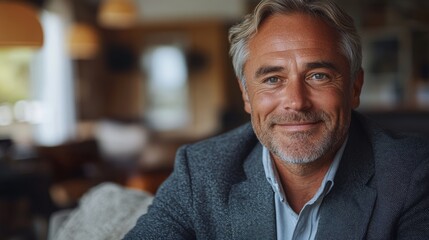 Man in a gray suit and gray shirt is smiling. He is sitting on a couch. The couch is yellow. chubby baldish american local businessman sitting on a sofa at home with a smiling face.