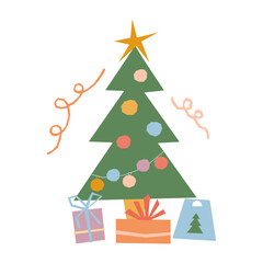 Christmas tree vector illustration. Cute simple decorated Christmas tree with gift boxes isolated on white background in flat geometric cutout style. Festive seasonal Happy New Year winter design