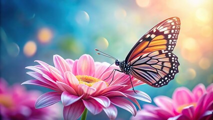 Panoramic delicate butterfly resting on flower petal
