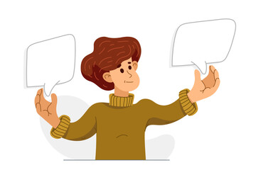 Young man choosing between two options, vector illustration of a person with two empty speech bubbles for you to put in your words or images.