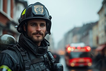 Firefighter is standing in front of a red fire truck. He is smiling and wearing a helmet. firefighter wearing full gear, standing beside a fire truck in a city street