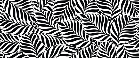 Abstract floral palm leaves seamless pattern. black floral leaves geometric pattern on white background. leaves silhouette summer pattern.