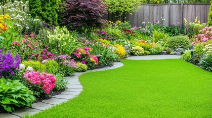Naklejka premium Vibrant Garden Landscape with Colorful Flowers and Lawn