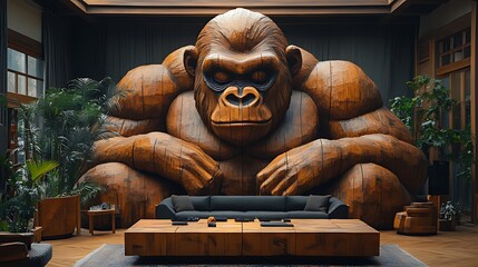 A large wooden sculpture of a gorilla sits in a modern living room, its presence dominating the space.