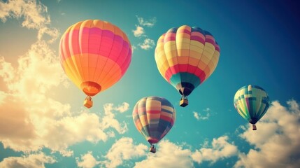 Fototapeta premium Several vibrant hot air balloons rise into the sky on a sunny day, their colors contrasting beautifully with the deep blue sky