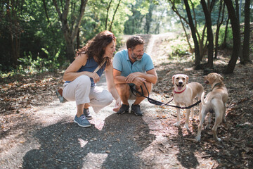 Mature couple enjoys a time together with dogs in the park
