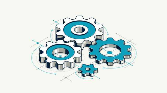 Mechanical engineering concept, gears and cogs with project drawing draft isometric 3D vector illustration, cogwheels system technology and technics machinery engine.