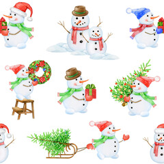 Different funny snowman seamless pattern. Hand drawn vintage style illustration. Funny snowman in different poses on white background. Winter time festive decoration seamless pattern element
