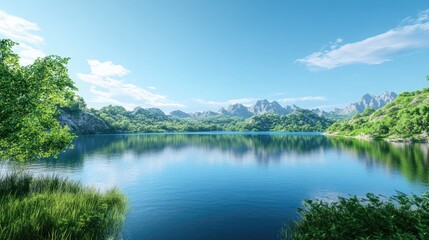 Serene Mountain Lake Under Clear Blue Sky