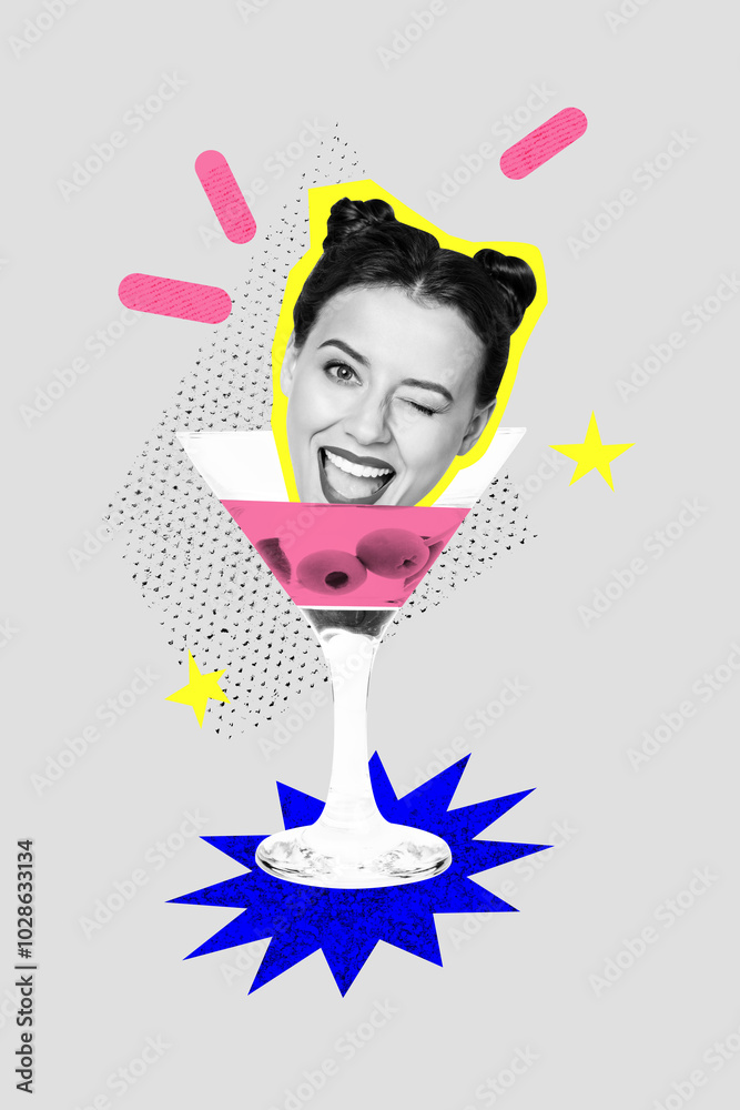 Sticker Vertical photo collage of happy girl peek head wink eye party cocktail beverage weekend bar occasion relax isolated on painted background