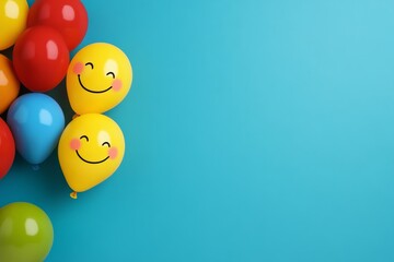 Bunch of balloons with smiling faces on them are arranged on a blue background. The balloons are of different colors. Birthday background, creative, happy face, colorful, empty space on the right