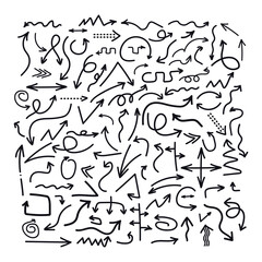 Vector collection of hand drawn arrows, set of pointers, directions.