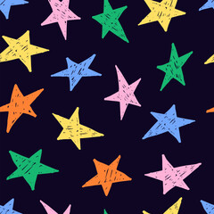 Multicolored hand drawn stars seamless pattern. Star background with grunge texture.