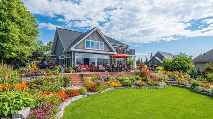 Vibrant Home Garden with Colorful Flowers and Green Lawn