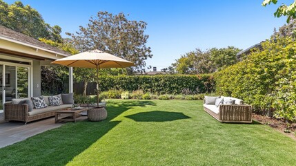 Obraz premium Serene Backyard with Cozy Seating and Umbrella Shade
