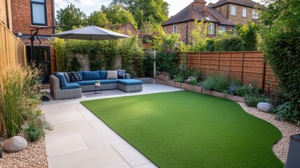 Modern Backyard with Green Lawn and Cozy Seating Area