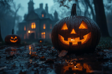 Creative halloween banner with traditional symbols orange pumpkin wizard hat black cat jack o lanterns, Generative AI