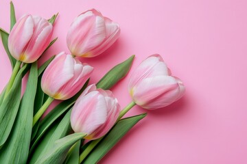Fototapeta premium Flat Lay of Pink Tulips on a Soft Pastel Pink Background