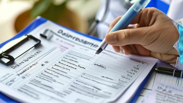 A hand filling out a form on a clipboard, indicating data collection or documentation.