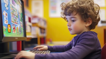 Young Boy with Curly Hair Uses a Computer with Colorful Icons