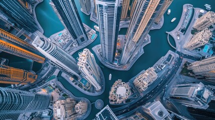 Aerial View of Skyscrapers and River Landscape