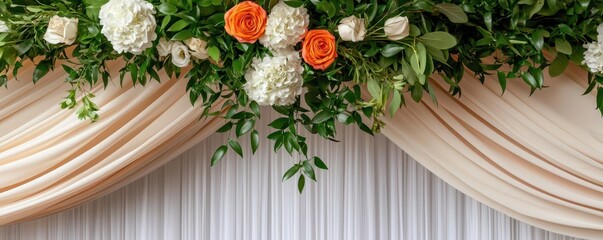 Luxurious outdoor garden wedding with a tented reception, featuring chandeliers, draped fabric, and greenery cascading down from above