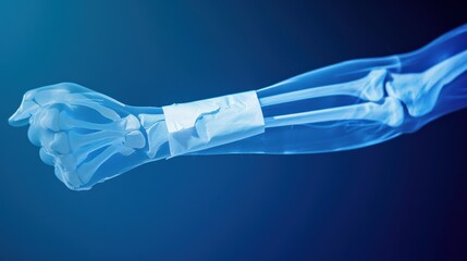 X-ray of arm with plaster on bone, health center background