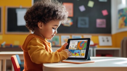 A Young Child Uses a Tablet Computer to Learn in a Classroom Setting.