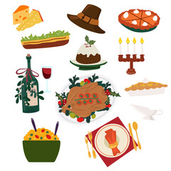 Thanksgiving and harvest festival food icons. Traditional autumn Thanksgiving food. Festive table with turkey, candles, wine, salad, pumpkin pie, corn and baked pork. Festive vector poster