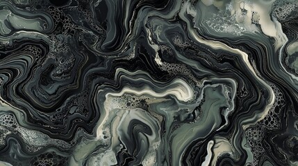 Organic pattern with smooth lines and curves, a marbled design in black, gray, and green with raised areas for depth