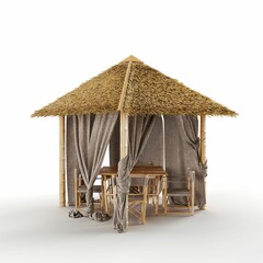 3D Bamboo gazebo with table, chairs and gray curtains, isolated on white background in studio lights