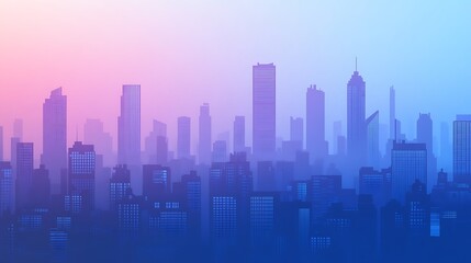 Fototapeta premium A silhouette of a city skyline with pink and blue hues in the background.