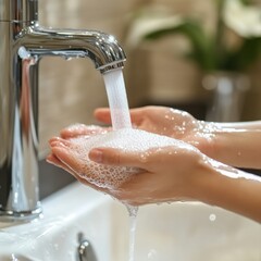 Fototapeta premium Close-up of hands washing with soap under a modern faucet, promoting hygiene and cleanliness in a bright kitchen setting.