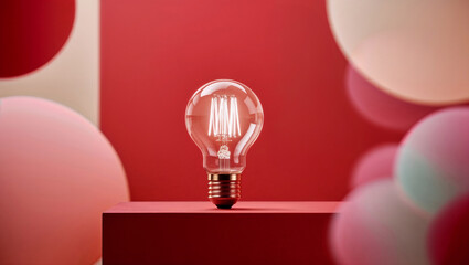 Una lampadina accesa emette luce su uno sfondo rosso e colorato con effetto bokeh