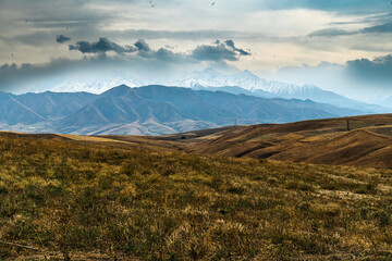 Rolling hills lead to distant snow-capped mountains, under a dramatic cloudy sky. The grassland stretches into the horizon, creating a peaceful yet striking landscape of untouched natural beauty.

