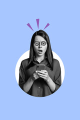 Vertical photo collage of dissatisfied girl hold phone brainwash hypnosis influence propaganda scam...