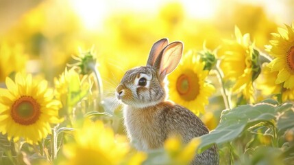 Fototapeta premium Stock minimalist photography of a shy bunny in a field of sunflowers, with bright daylight illuminating the vibrant yellow flowers and green leaves