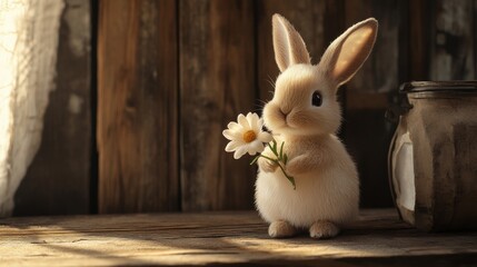 Stock minimalist photography of a bunny holding a flower, sitting on a rustic wooden table with warm, soft lighting to create a gentle, cozy feel
