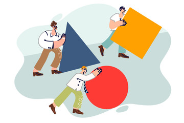 Competing business people roll various figures forward, showing different methods to achieve goal