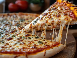 a fresh, cheesy pizza slice is being pulled, showcasing the gooey cheese stretching in a delicious display, capturing the essence of comfort food and indulgence, set against a vibrant kitchen backdrop