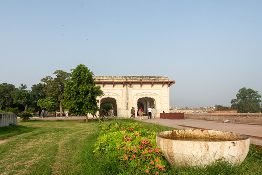 Historic gate and garden inside Shalimar Bagh Lahore Pakistan
