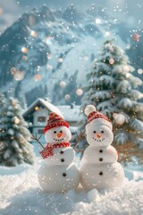Fototapeta premium Two Snowmen Standing Together in a Snowy Winter Landscape