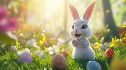 Stock minimalist photography of a bunny with a joyful expression, surrounded by Easter eggs and spring flowers in a sunlit meadow for a vibrant holiday theme