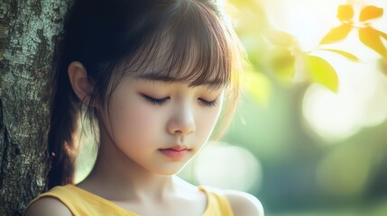 Fototapeta premium Stock minimalist photograph of a sad Asian girl leaning against a tree, her eyes looking downward, with soft sunlight filtering through the leaves above