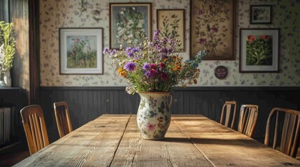 Fototapeta premium A dining room with a long wooden table