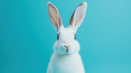 Obraz premium Stock minimalist photography of a white rabbit with long ears looking curious, against a blue background with soft shadows, creating a playful and clean look