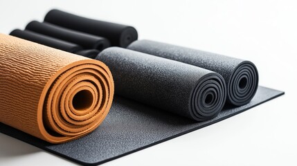 A collection of rolled exercise mats, including a textured brown mat and smooth black mats, arranged on a clean white surface.