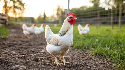 Fototapeta premium Happy chicken in a spacious pen with wire fence in the background