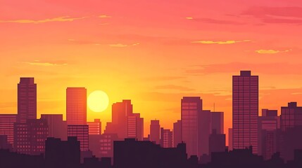 Obraz premium A vibrant orange sunset casts a warm glow over a modern cityscape, with tall buildings silhouetted against the sky.
